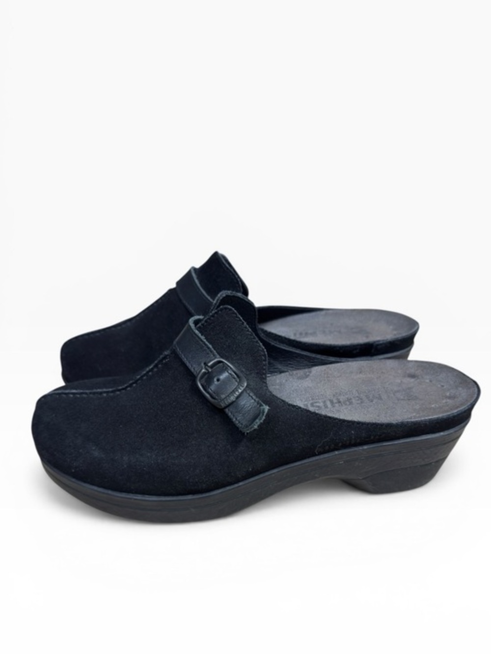 Mephisto Black Suede Clog Mules Buckle Strap Comfort Shoes Women’s EU 39 US 8